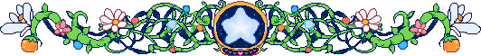an illustrated banner with a white silverly star in the center surrounded by a golden circle frame, the background of the frame a starry dark blue background. many vines with flowers and multiple colored circles stretch out to both sides from the golden circle frame and are symetrical