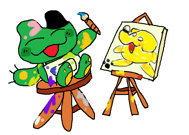 Nyatchi, a green cat like tamagotchi with simple lines for eyes, happily looking at the screen covered in different colored paints while wearing an apron and holding a paintbrush, sitting on a stool. There is a canvas with a roughly drawn pochitchi, a yellow dog like tamagotchi, drawn on it, a paw print signature in the corner