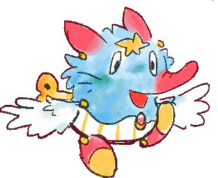 A drawing of my sort of Otherkin Sona! A short cyan tamagotchi with red ears accented by joints and a red snout. he has a star on his forehead and long whiskers. he has long white wings instead of arms, also attached by small joints, and dual tone red and yellow feet. he has a golden wind up key in his back and a wavy white bottom half with a yellow striped pattern, a small red jewel in the very center of the body