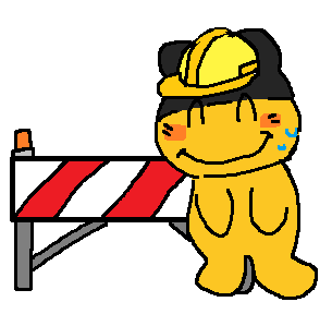 mametchi is wearing a small yellow hardhat and has a smiling yet very nervous expression. they are standing in front of a white and red road blocker.